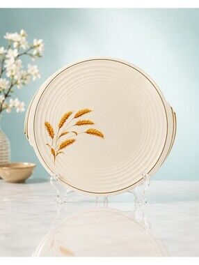 Edwin M Knowles 1930s Yorktown Cake Plate Golden Wheat Ceramic Cream, 11.5”